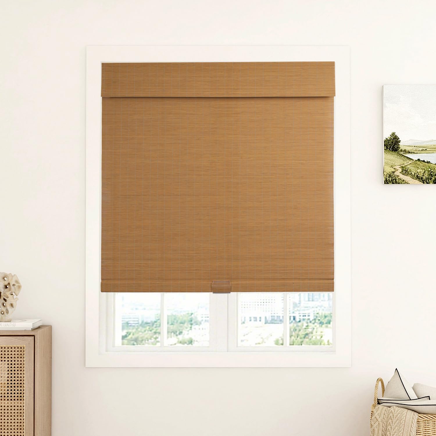 LUSTROWIN Custom Cordless Roman Shades for Windows, Bamboo Blinds with Valance, Blackout Window Blinds for Home, Cordless Blinds for Indoor Windows, Brown