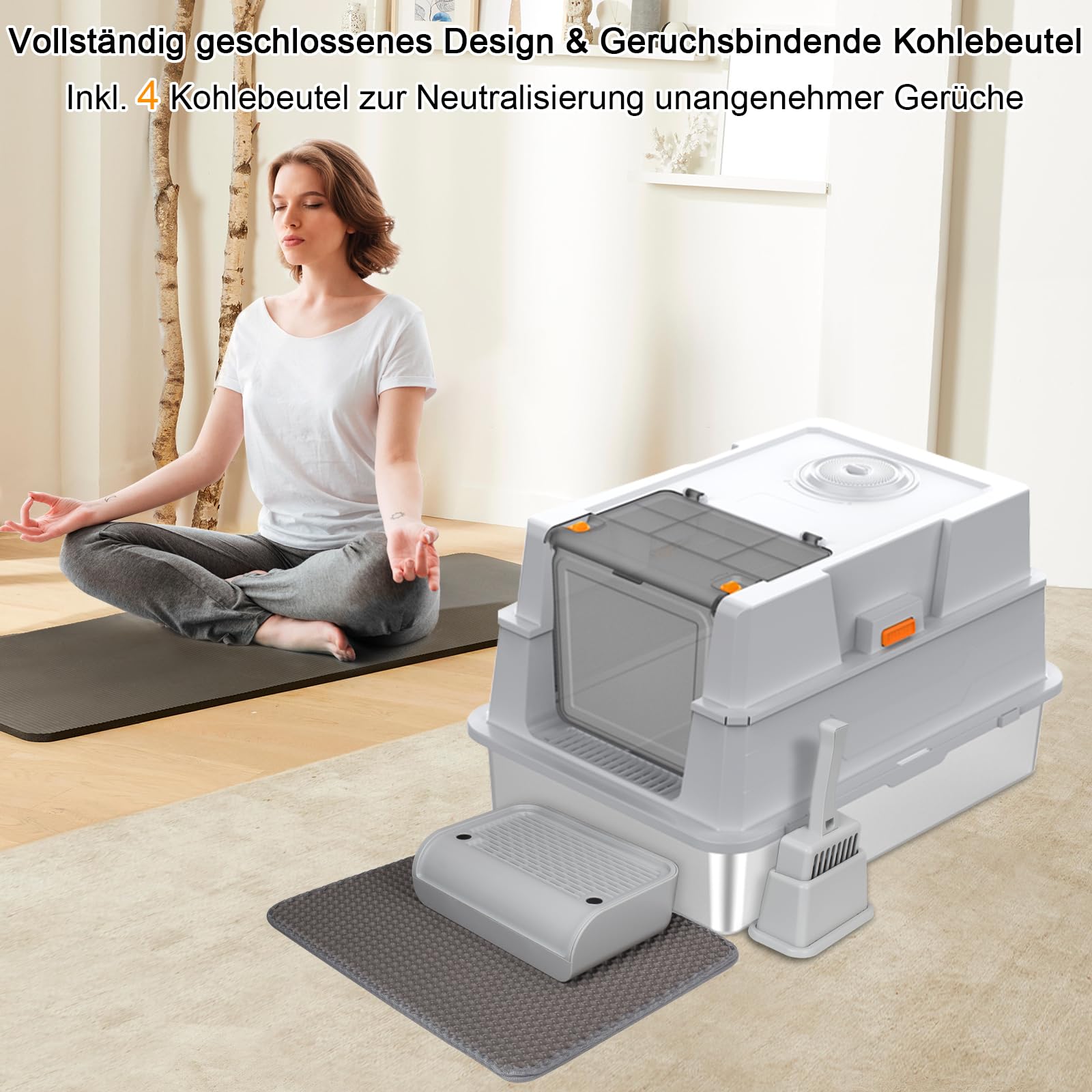 Katzenklo Edelstahl mit Deckel,Katzenklo Groß Katzentoilette XXXL Katzenklo Geschlossen mit Schaufel, Pedal & Matte, für große Katzen/mehrere Katzen
