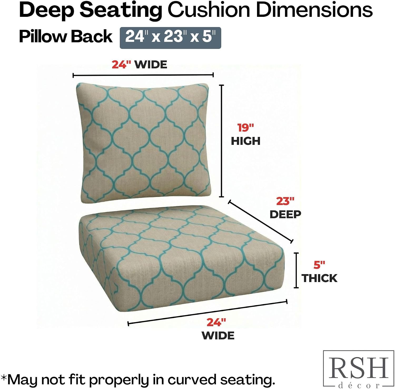 RSH DECOR: Sunbrella Deep Seating Cushion with Pillow Back | 24" x 23" x 5" Seat | Water and Fade-Resistant Fabric | Outdoor Chair Cushion Set for Patio Furniture | Made in USA (Trellis Geo II Mist)