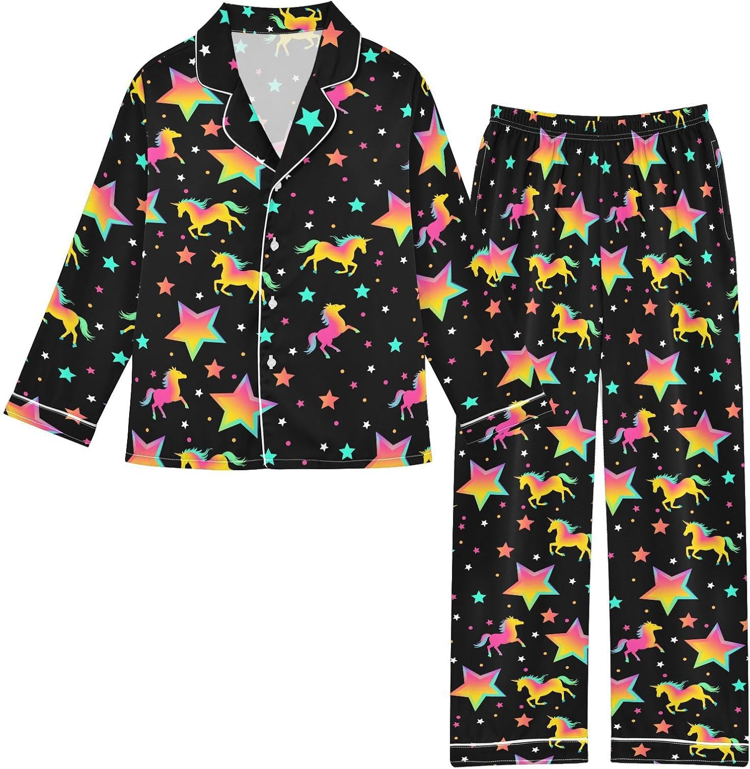 Gradient Star Unicorn Satin Pajama Sets Long Sleeves Nightwear Button Down Sleepwear