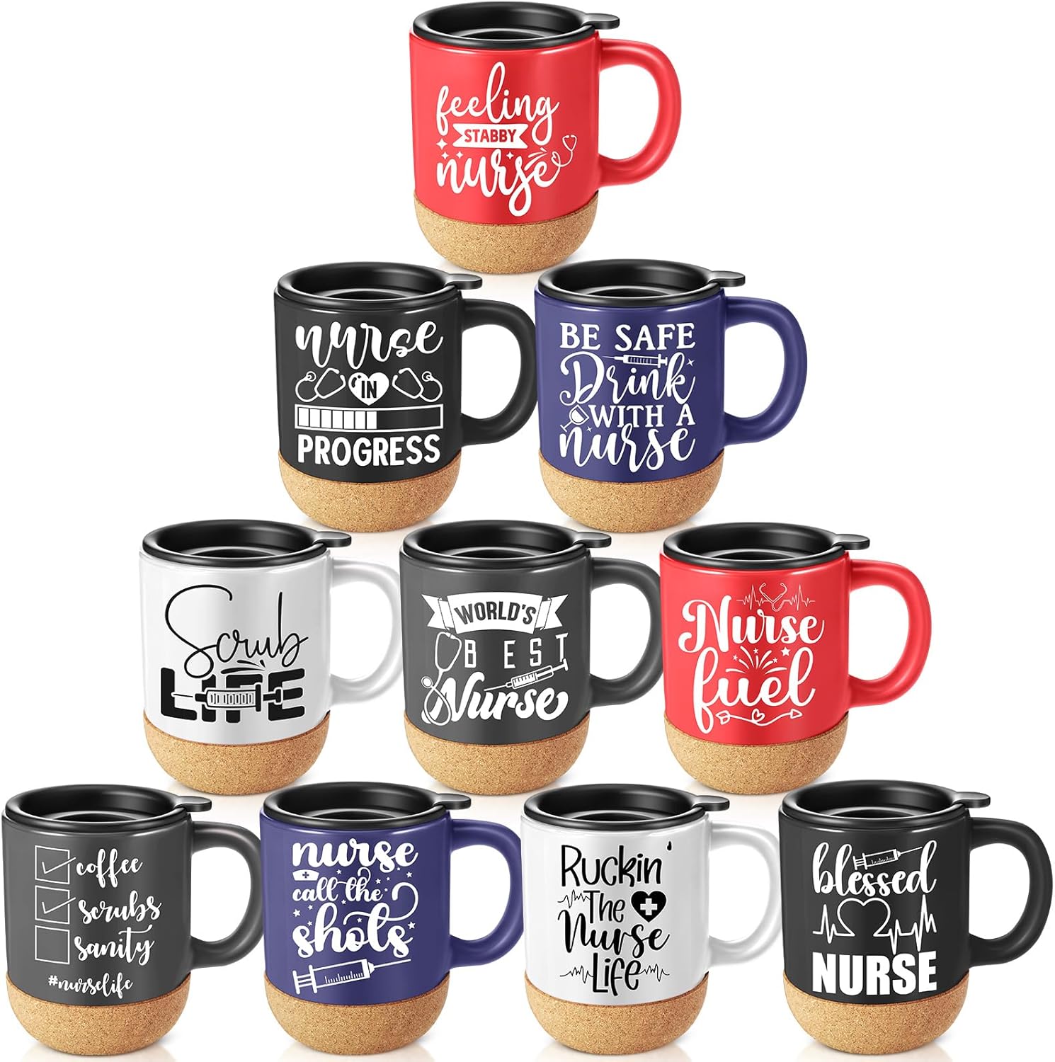 10 Pcs Nurse Appreciation Gifts Bulk 12 oz Nurse Coffee Mugs Inspirational Ceramic Cup with Lid and Cork Base Thank You Gifts for Women Men RN Assistant(Vibrant Color,Warm Style)