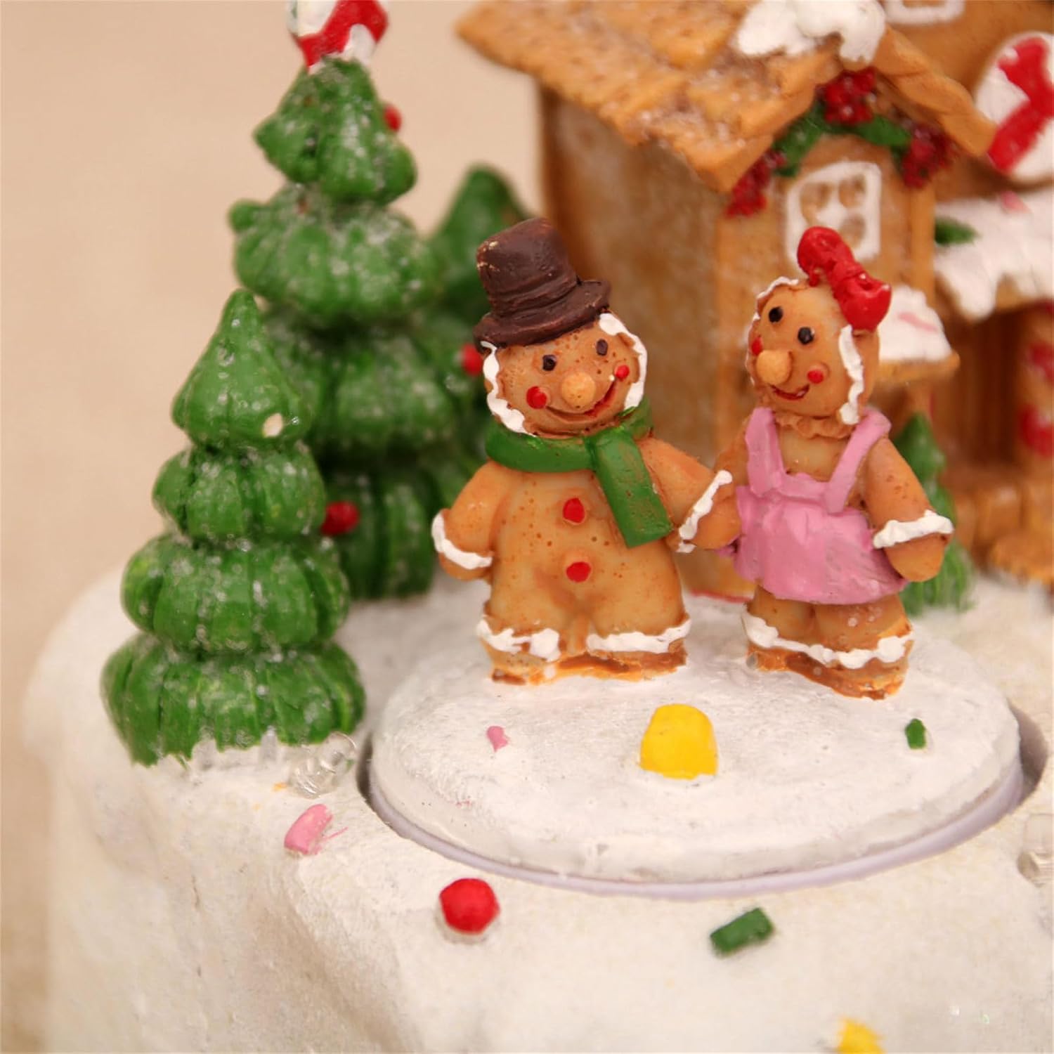 Resin Rotating Music Figurine Snow House Scene Ornament For Desktop Christmas Desktop Decoration With LED Light