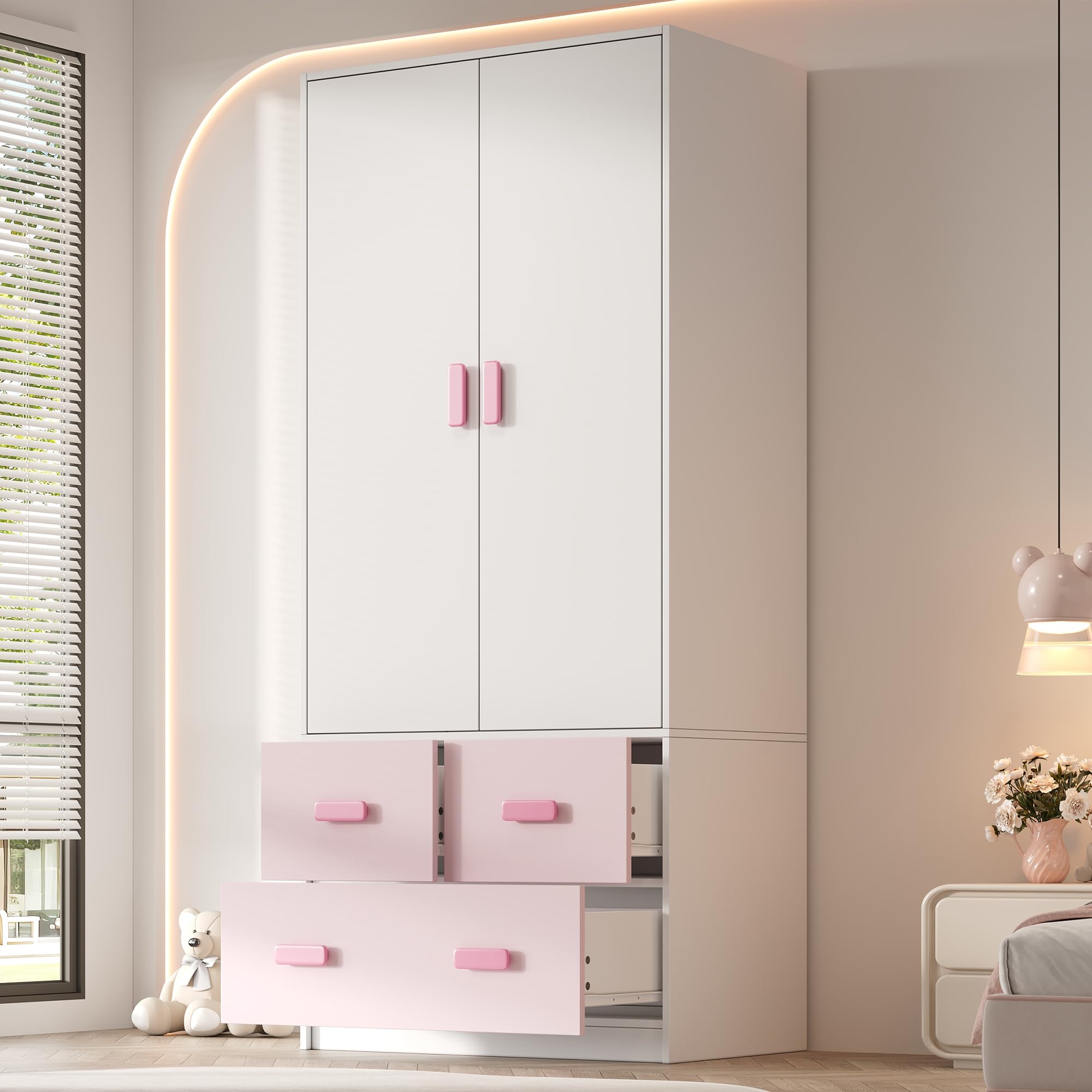 Armario infantil de 2 puertas, mueble de dormitorio, con barra colgante y 3 cajones, bicolor blanco y rosa, 80×48×180 cm