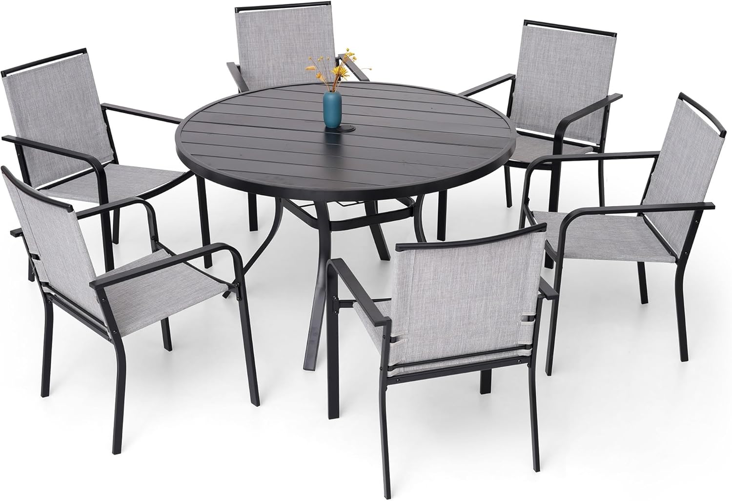 7-Piece Outdoor Patio Dining Set, 6 Stackable Chairs and 48'' Round Table w/Umbrella Hole All Weather Furniture Set for Poolside Backyard Garden, Gray