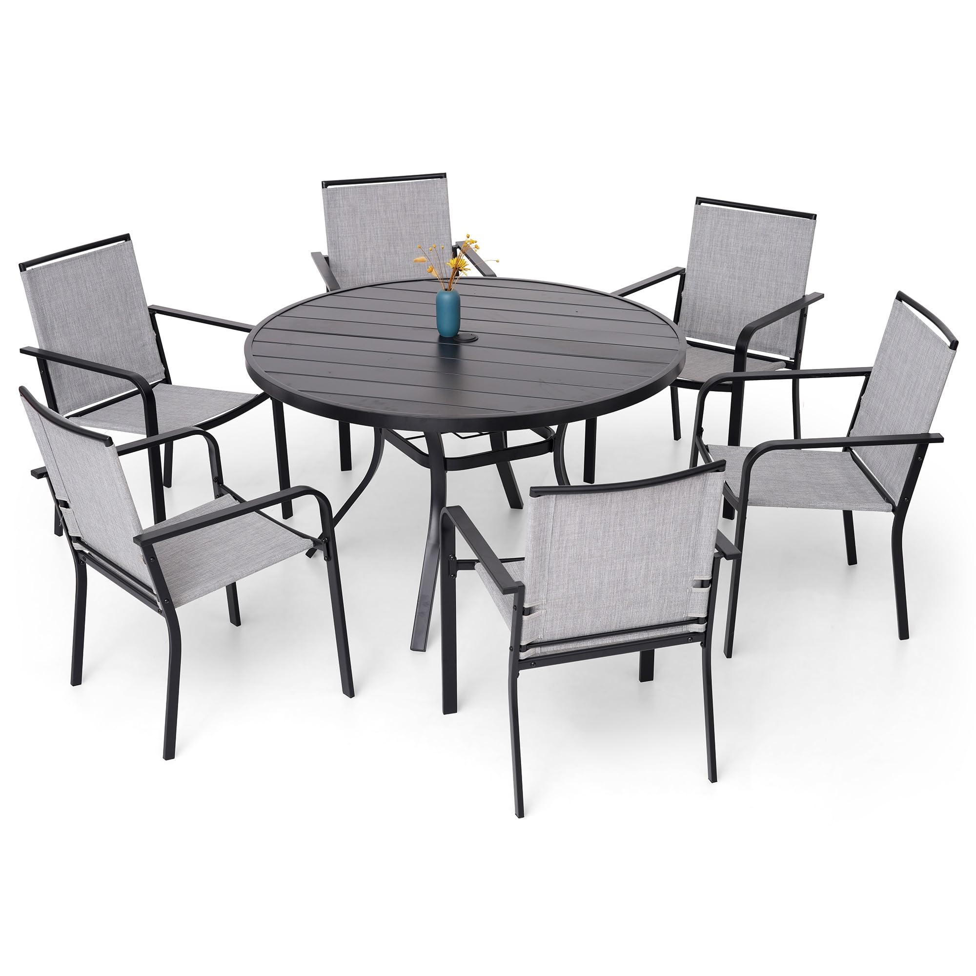 Anmutig 7-Piece Outdoor Patio Dining Set, 6 Stackable Chairs and 48'' Round Table w/Umbrella Hole All Weather Furniture Set for Poolside Backyard Garden, Gray