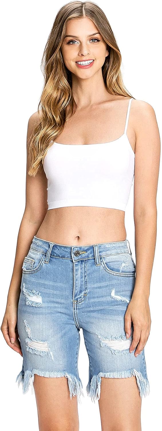 Cello Jeans Women's Juniors High Rise Distressed Denim Bermuda Shorts (S, Dark Denim) - Image 4