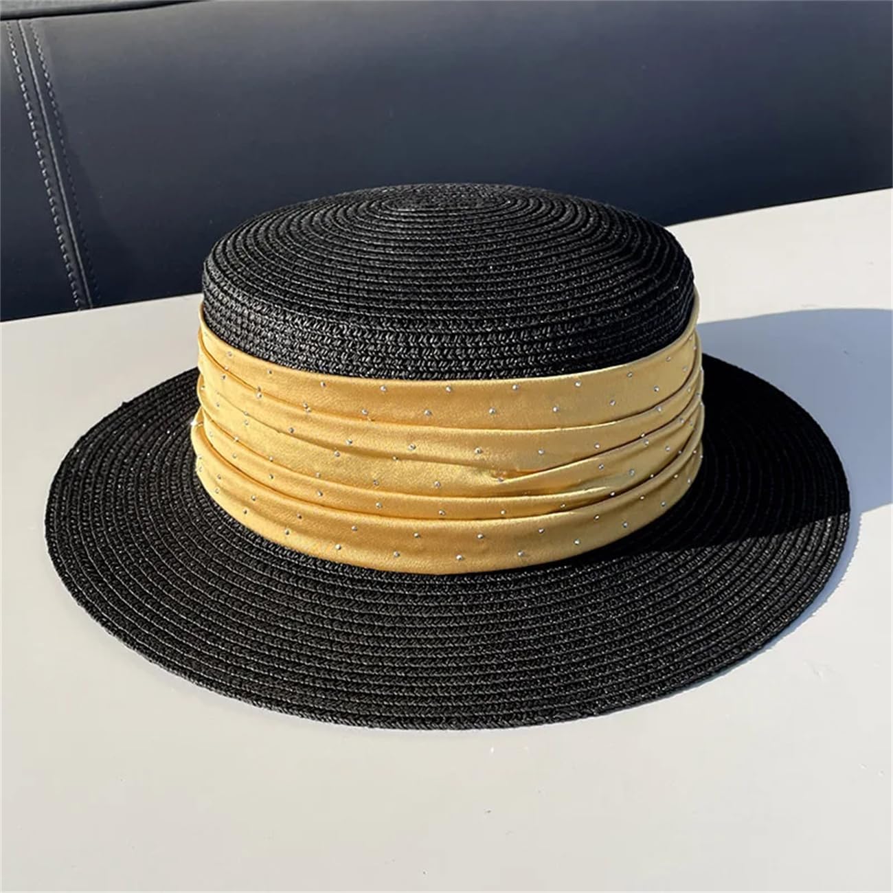 Cappello da donna in raso con strass in paglia treccia piatta visiera cappello jazz casual panama cappello estivo elegante da spiaggia cappelli di paglia
