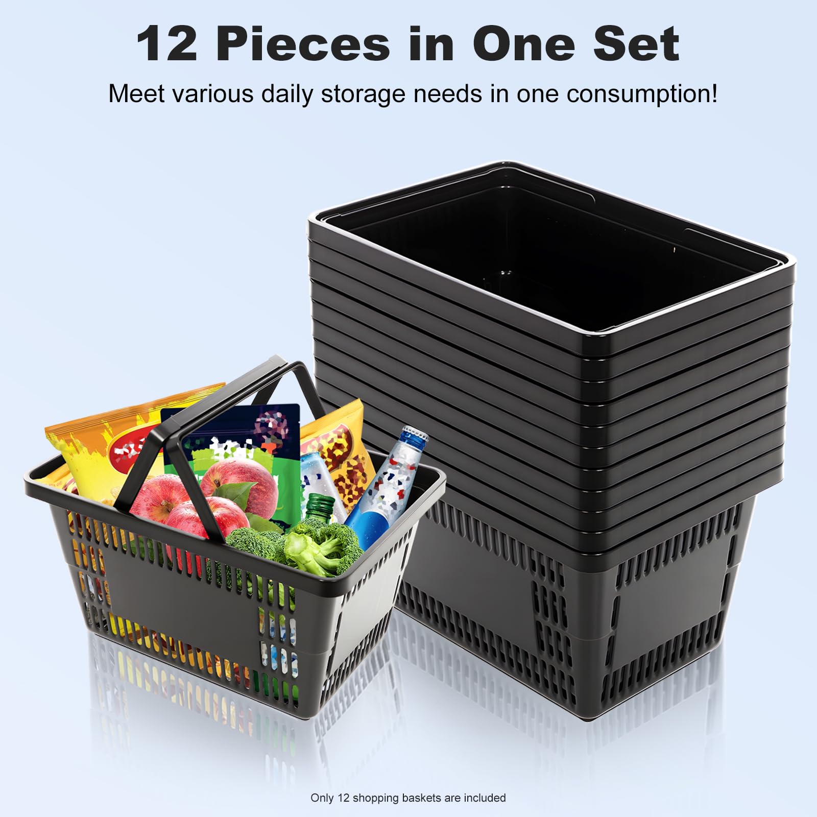 12 cestas de plástico de color negro, apilables con capacidad de 28 L, para supermercado, librería y venta al por menor