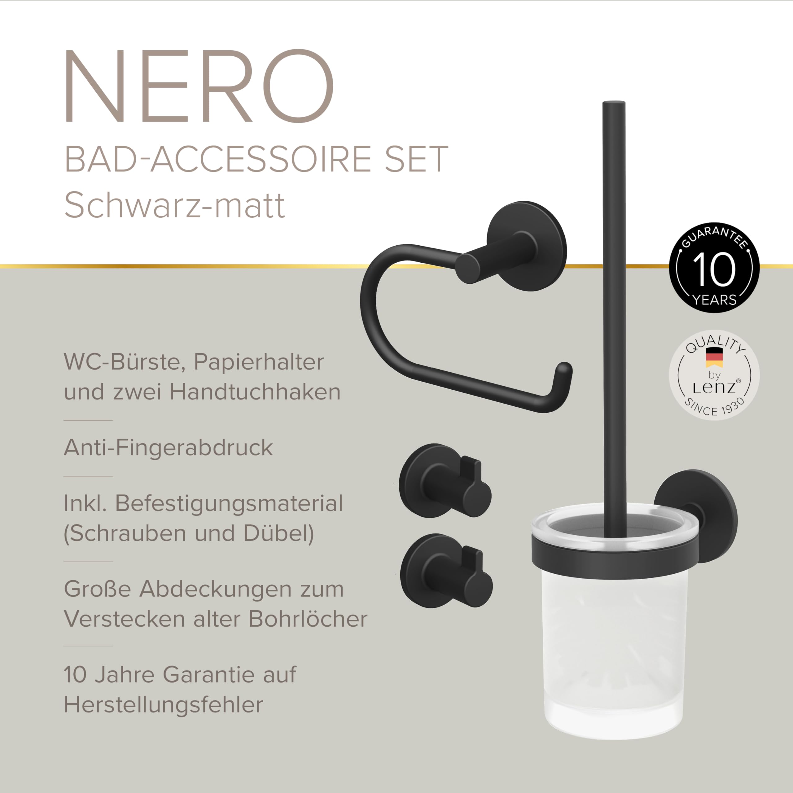 Lenz Bad-Accessoire-Set Nero Schwarz-matt – Anti-Fingerabdruck Oberfläche | 4-teiliges Set, Toilettenpapierhalter, WC-Bürstengarnitur und 2x Handtuchhaken, Zum Kleben oder Bohren, 4590051
