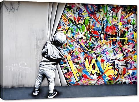 Banksy British Artist Kid Spray Paint Curtain Illusion Canvas Print Wall Art Graffiti Street Art Urban Illustrations Modern Art Boho for Home Decor Living Room Bedroom Office, Framed 44"x28"