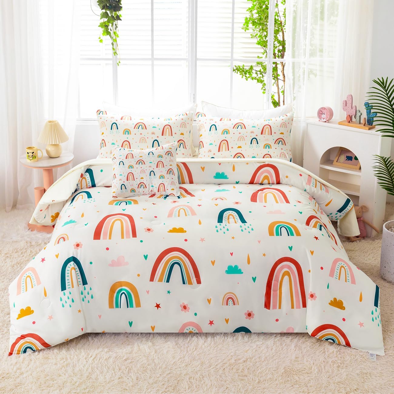 Rainbow Girls Bedding Comforter Set Full Size 6 Pieces Beige Bed in A Bag with Sheets Clouds and Flowers Printed Kids Bed Comforter Set (Beige Rainbow, Full) - Image 3
