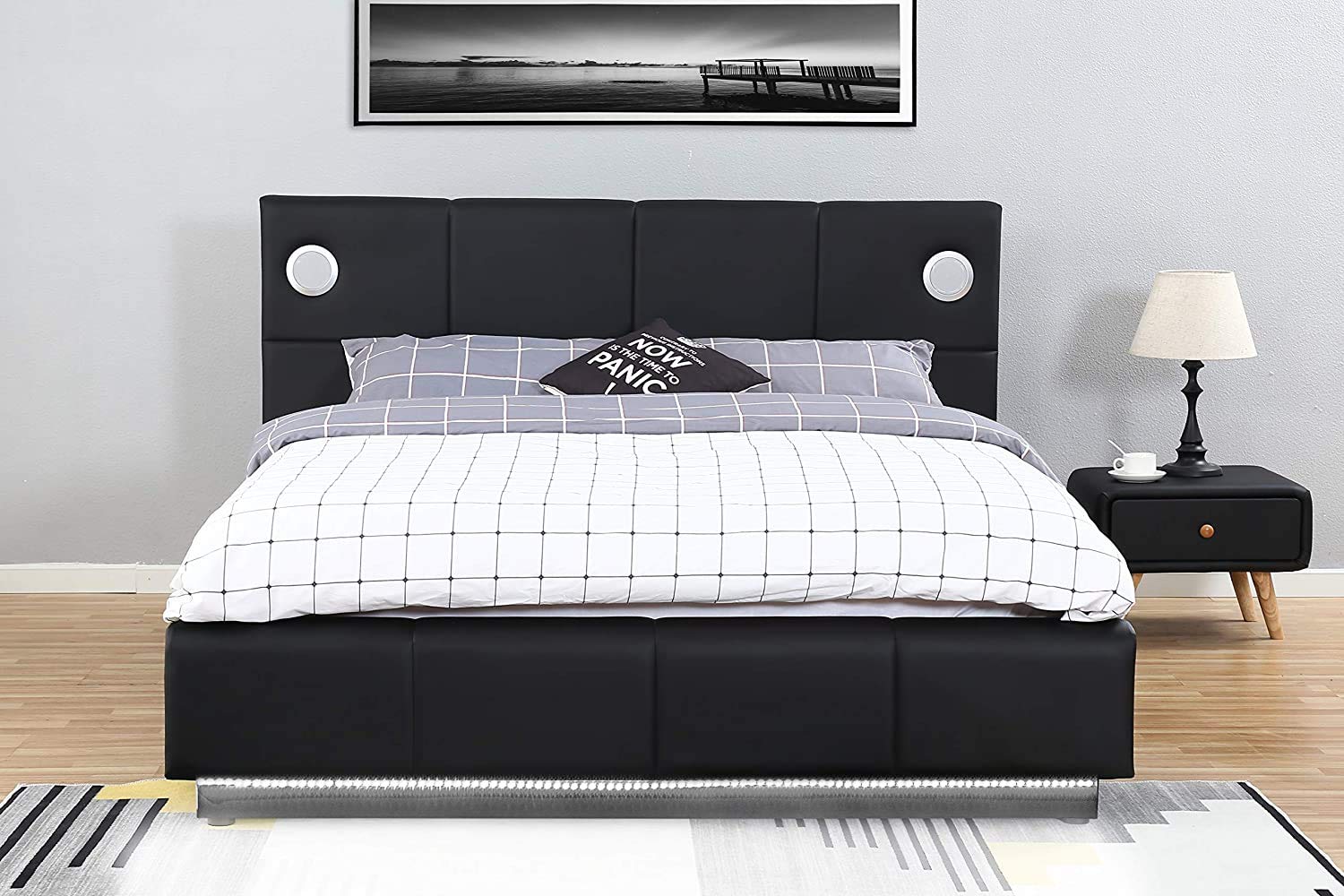 Buy Black Leather Bluetooth Ottoman Storage Bed With Underbed LED
