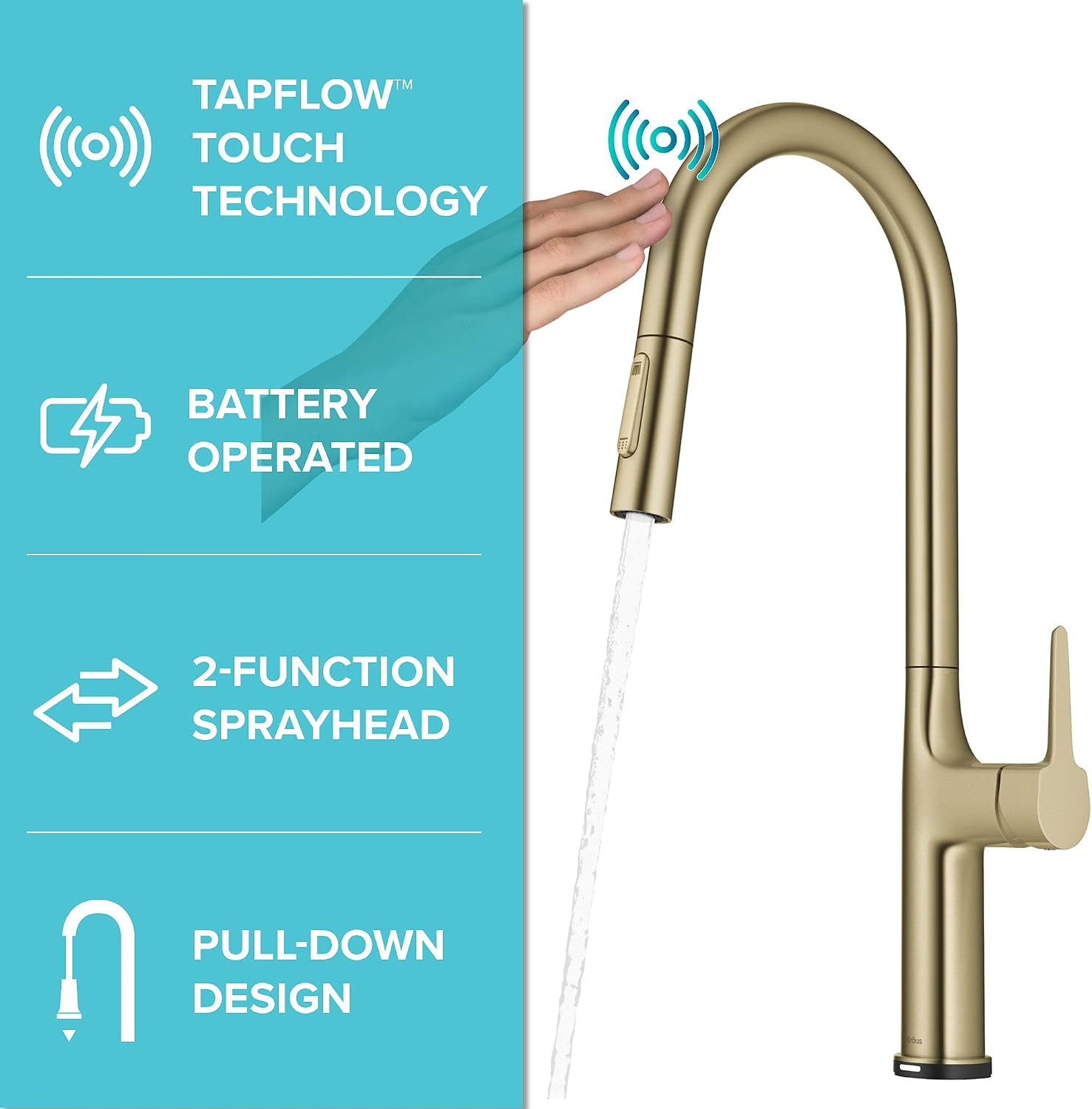 KRAUS Oletto Tall Modern Single-Handle Touch Kitchen Sink Faucet with Pull Down Sprayer in Brushed Gold, KTF-3101BG