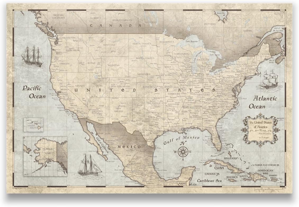 Conquest Maps United States Map Poster Cities, States, & Countries - Travel map Poster & Stylish Educational USA map. Matte Poster Paper, Rustic Vintage Graphics. (24 x 16 Inches)