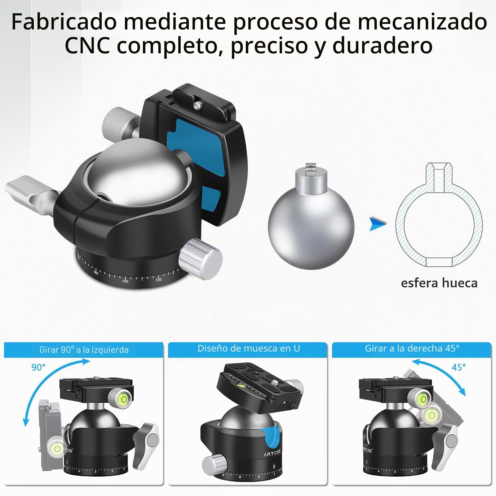Cabezal de trípode de Perfil bajo ARTCISE, Cabezal de Bola panorámico de Metal de 56 mm Compatible con Placa de liberación rápida Arca 1/4" para trípode monopod cámara DSLR, Capacidad de Carga: 40 kg