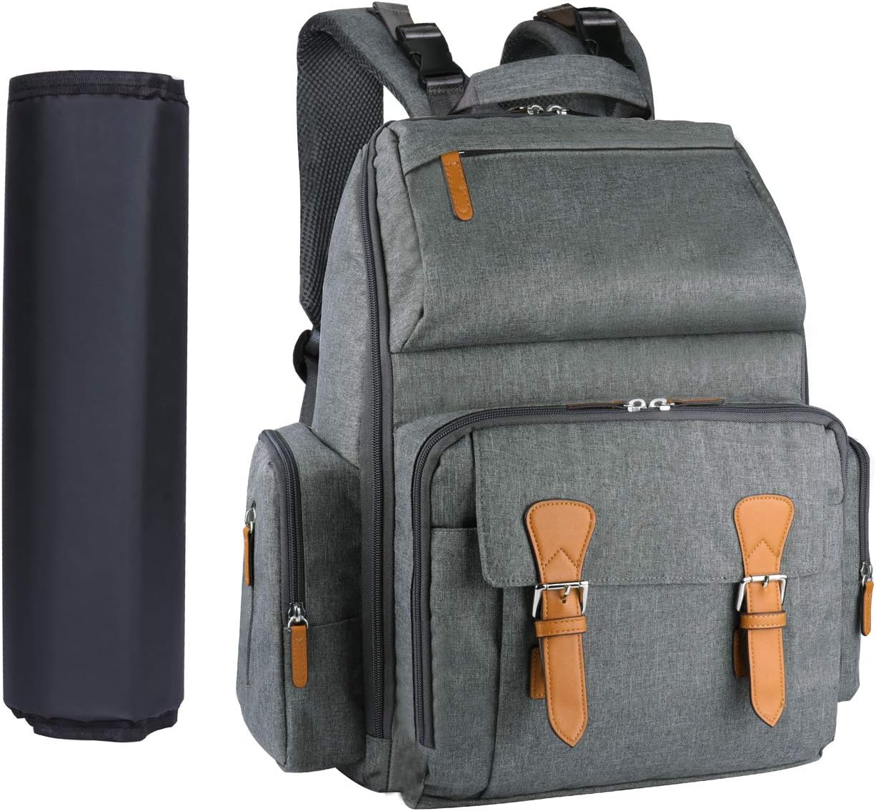 Estarer Baby Changing Backpack Bag with Changing Mat for Twins,Water Resistant Nappy Rucksack Large Diaper Bag for Pram Grey