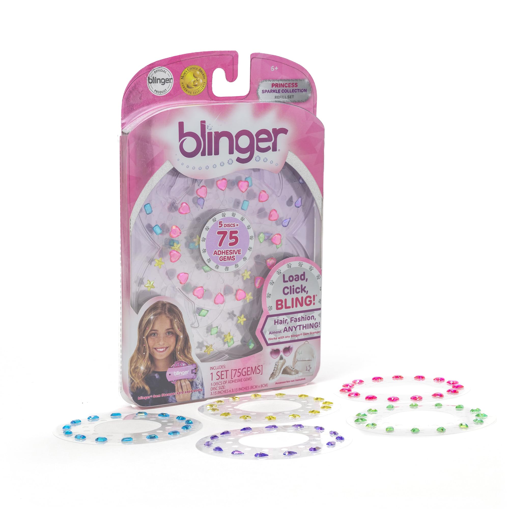 blingerSparkle Collection Refill Pack - Hair gems - Princess - 5 Discs – 75 Rhinestones - Works with blinger Gem Stamper (not included) - Multicolored - Bling In, Brush Out
