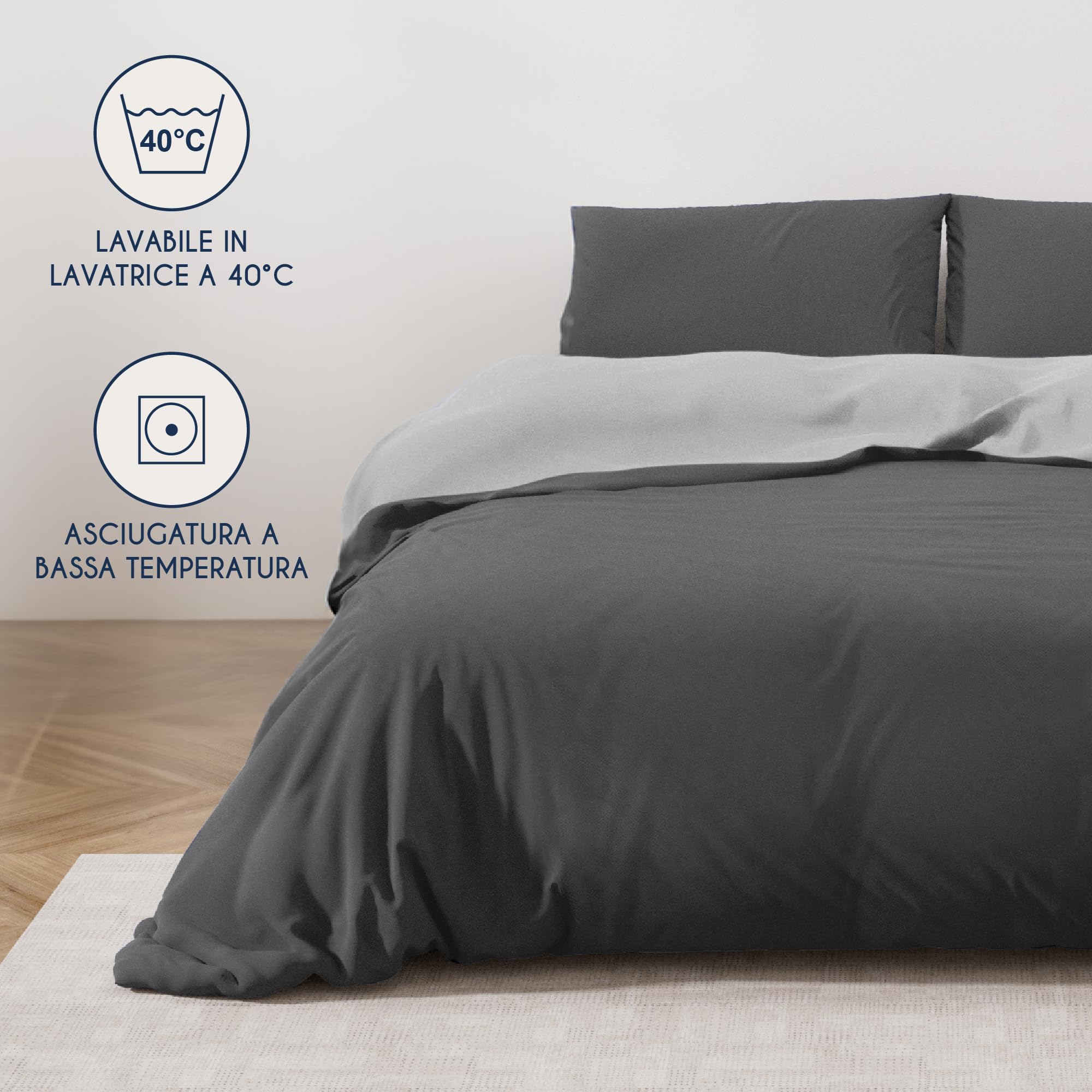 Dreamzie Copripiumino Matrimoniale 200x200 cm con 2 Federe 50x70 cm - Grigio Scuro/Grigio Chiaro Set Copripiumino Matrimoniale 200x200