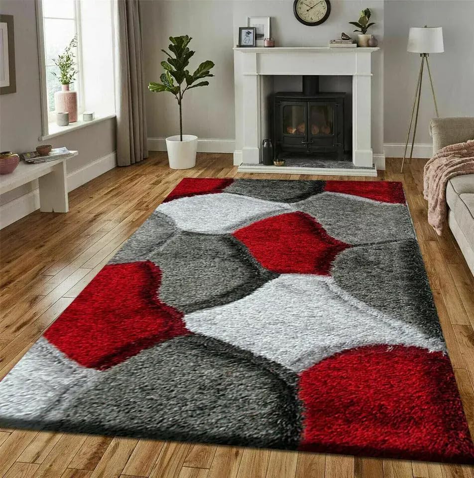 Online Bedding store Area Rugs – luxury Beautiful Pona Shaggy Modern Area Rugs - 3D Design carpet for hallway Non Slip Rug (Red-Grey, 80 x 150 cm)