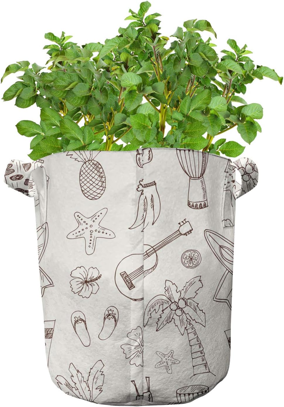 Lunarable Tropical Grow Bags 5-Pack, Sketch Pineapple, Heavyduty Fabric Pots with Handles for Plants, Brown and Ivory