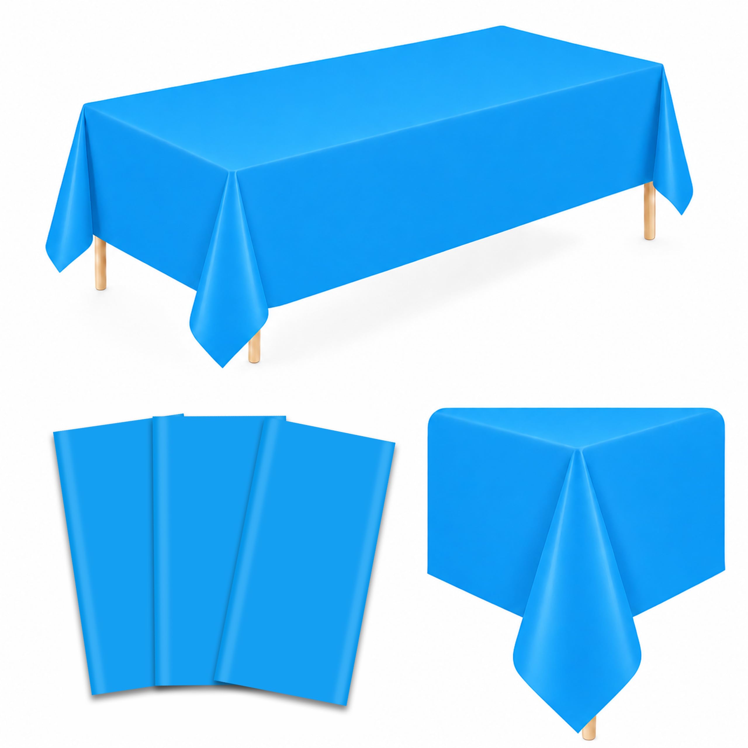 WNINK 3 Pack Sky Blue Plastic Tablecloths, 54 x 108 Inch Disposable Covers