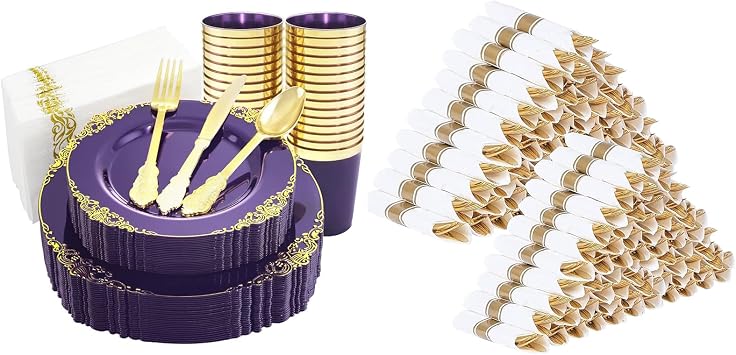 Nervure 400PCS Pre Rolled Gold Plastic Silverware Sets - 175PCS Clear Purple Gold Plastic Plates for Wedding&Party