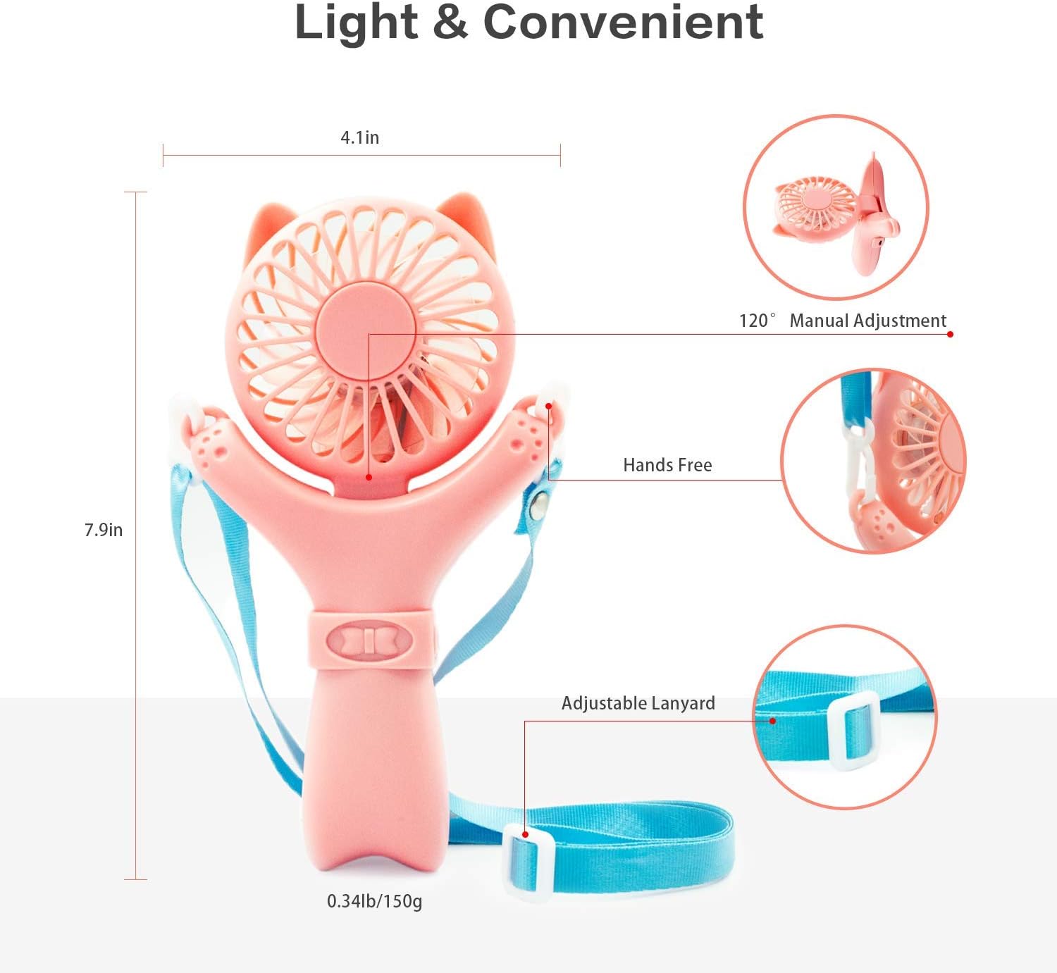 Temede Portable Necklace Fan, Mini Handheld Fan, Small Powerful Personal Fans with USB Rechargeable Battery Operated, 3 Speeds Hand Held Electric Fan with Light for Travel Office Outdoor Indoor, Pink : Home & Kitchen