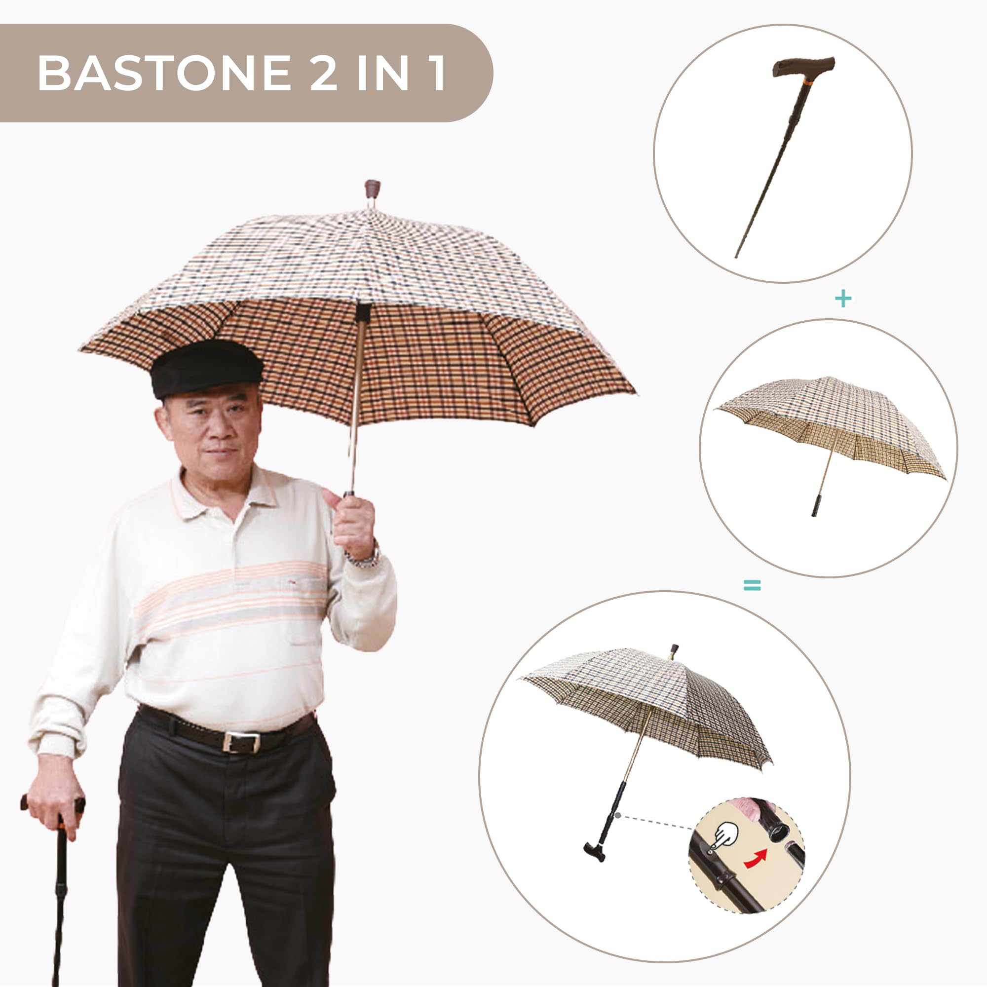 SPES Bastone 2 in 1 Ombrello e da Passeggio per Anziani e Disabili, Grigio | cammina sicuro e riparati dalla pioggia, doppia funzione ombrello e bastone, alluminio leggero e regolabile, unisex
