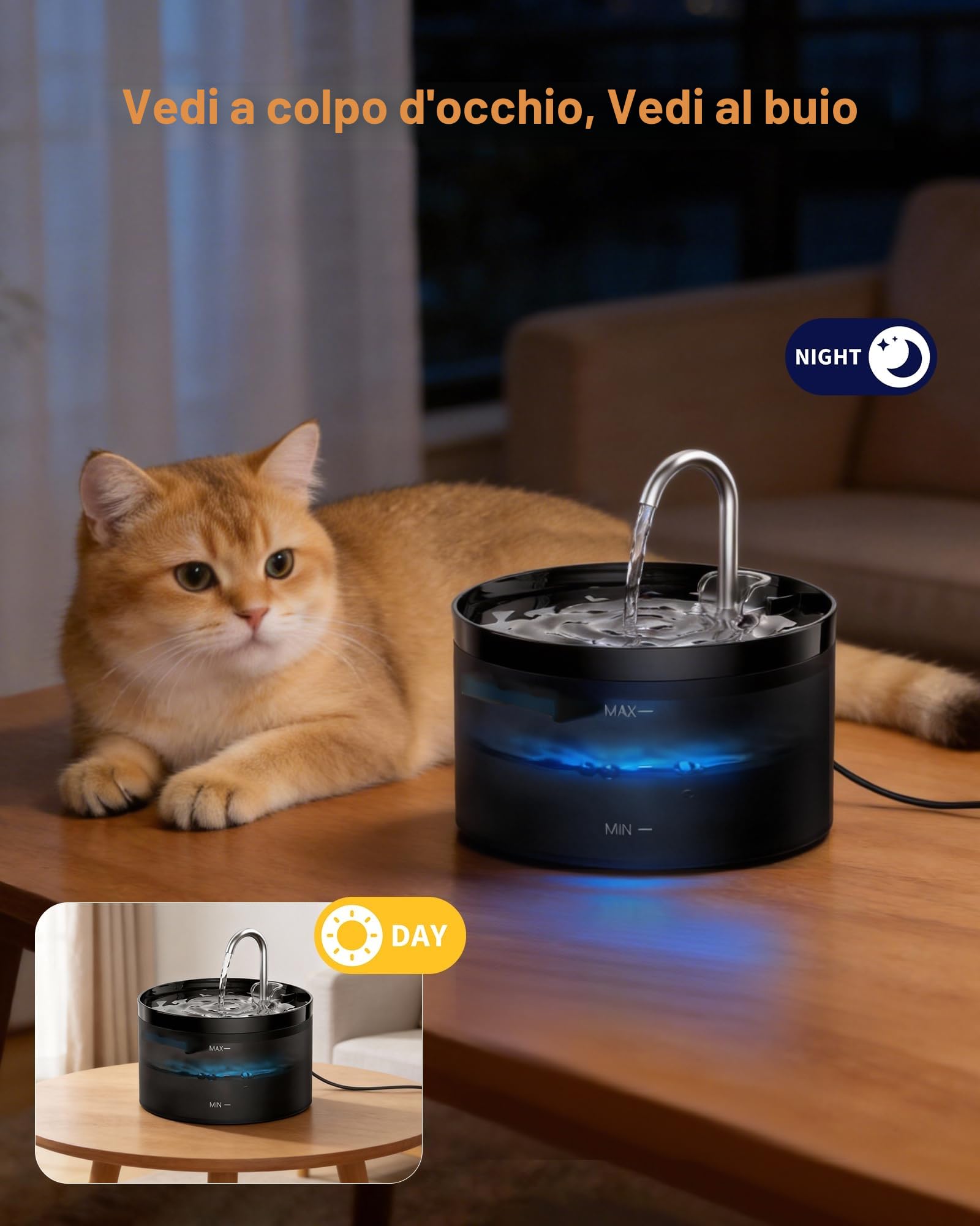 Fontanella per Gatti, GIOTOHUN Fontanella Gatti, 2L Fontanella Gatto, Forma di Rubinetto, Pompa Dell'acqua Super Silenziosa, Filtraggio dei Peli Randagi, Due tipi di Modalità di Flusso Dell'Acqua,Nero