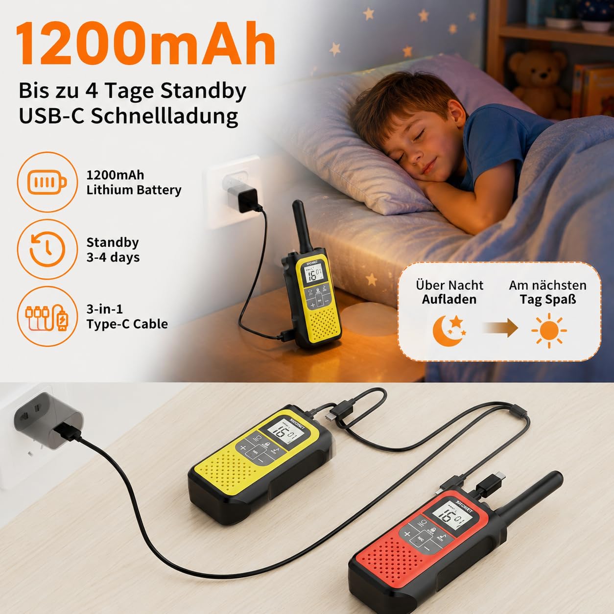 NXGKET Walkie Talkie Niños Recargable, 24 Horas de Tiempo de Trabajo, 5 km de Largo Alcance, 16 Canales, Función VOX, Walkie Talkies para Acampadas y Senderismo al Aire Libre, Paquete de 3