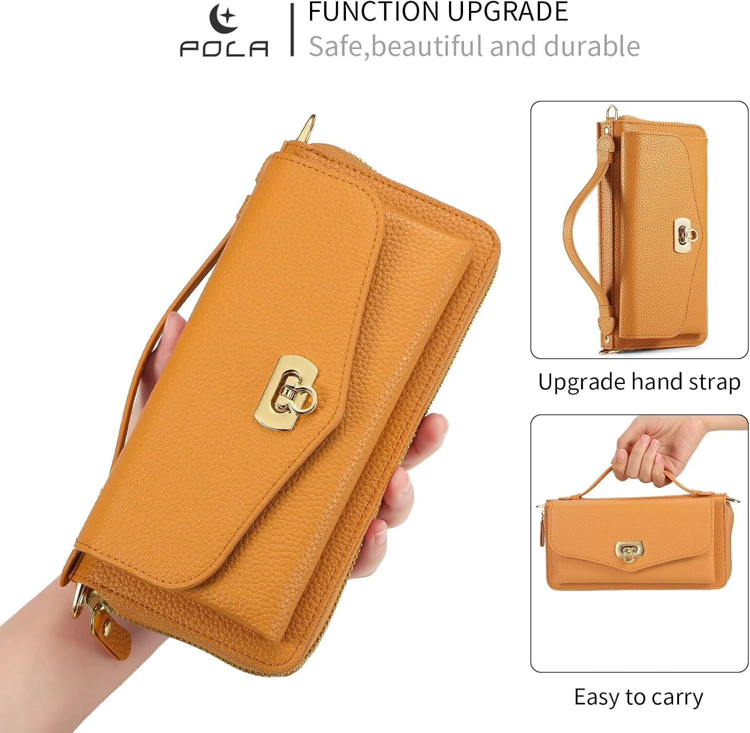 for iPhone 17 Pro Wallet Phone Case, Magnetic Removable Leather Flip Zipper Purse Shoulder Strap Cover for Women with Card Holder, RFID Blocking, Wristband, Wireless Charging Orange