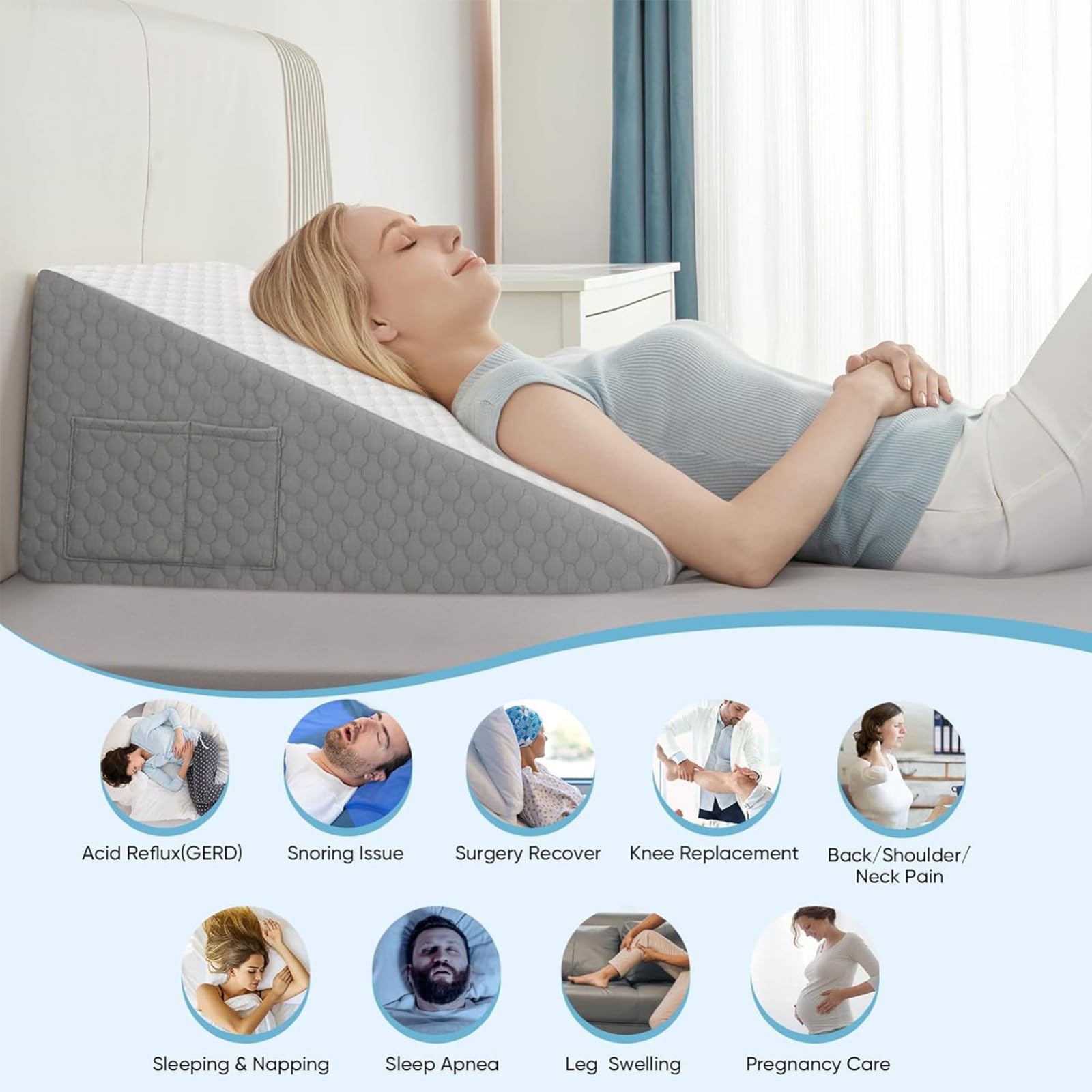 Almohada de cuña Grande Triangular para Adultos para Dormir después de la cirugía,Almohadas de cuña de reflujo para piernas y Rodillas,Almohada de Lectura cojín