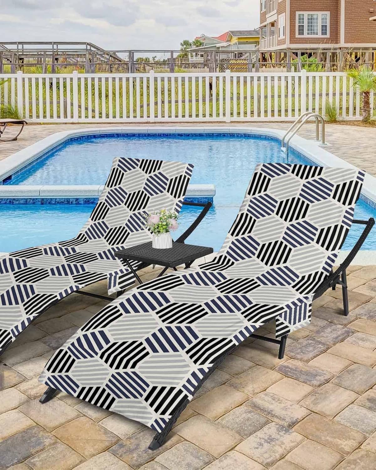 Modern Geometric Art Beach Pool Patio Lounge Chaise Chair Cover Towel With Pockets,Absorbent & Quick Dry Microfiber Towel Cover Bag Summer Accessories for Sunbathing Abstract Black White Grey Stripes
