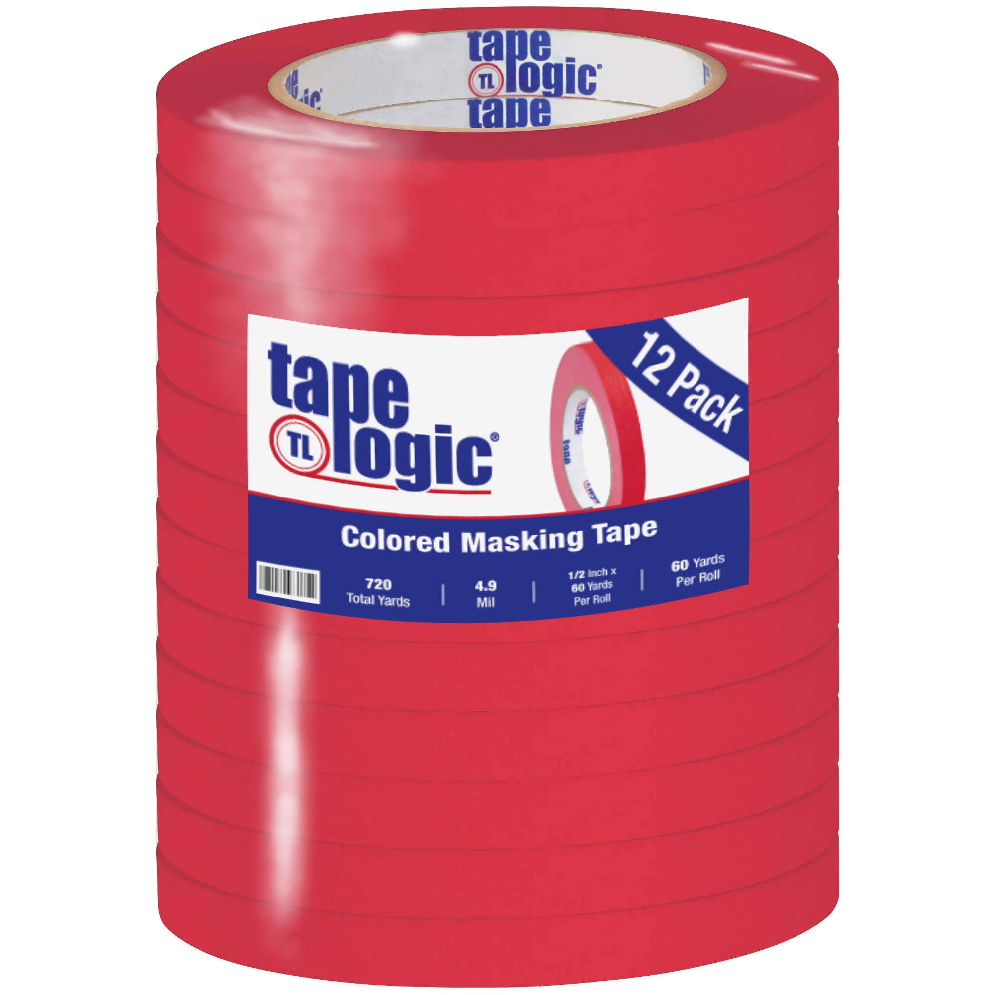 Tape Logic Cinta de enmascaramiento, 4.9 mil, 1/4 pulgadas x 60 yardas, 1/2 Inch x 60 yds. (Pack of 12), Rojo, 12