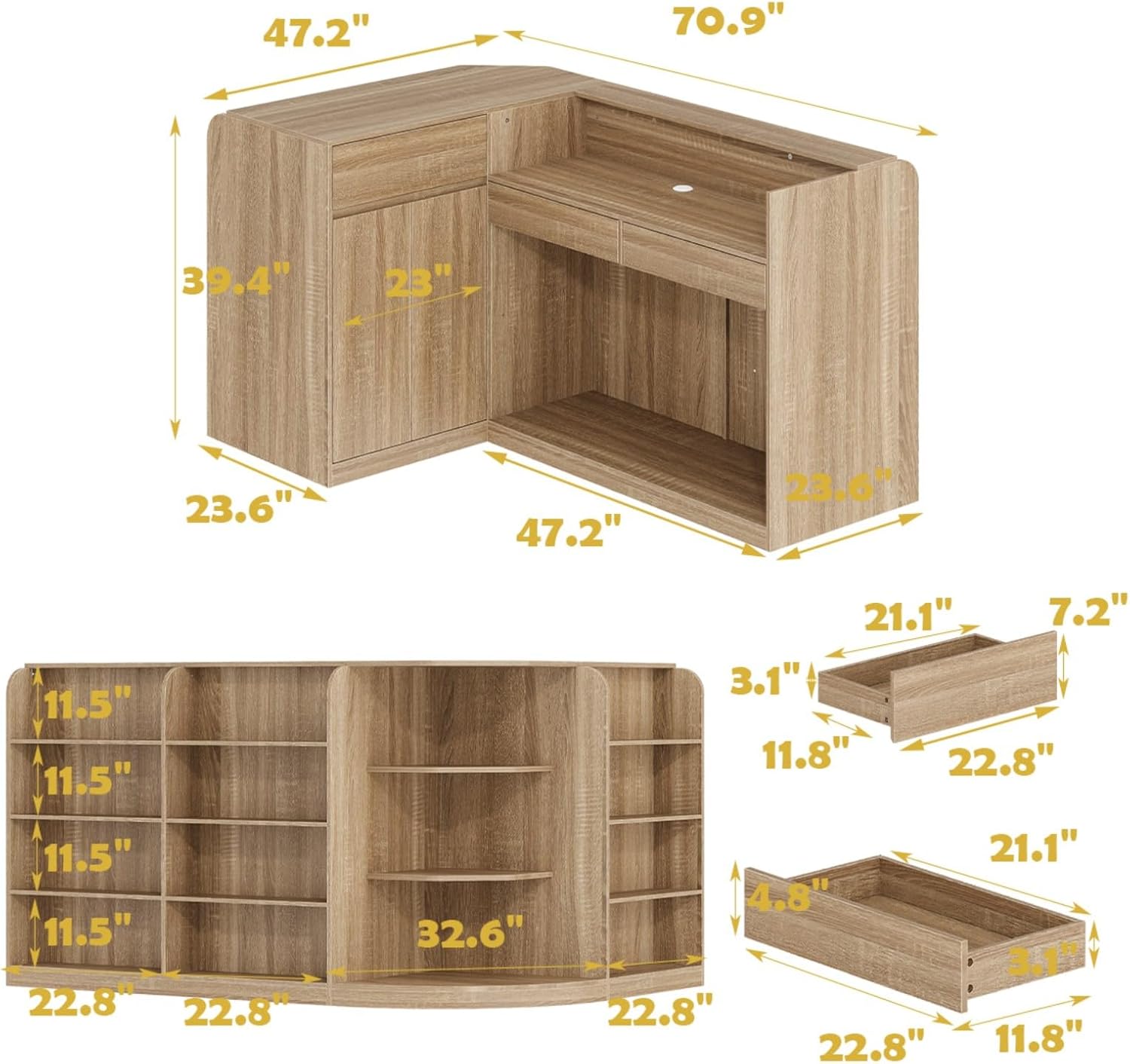 FAMAPY 70.9" L-Shape Reception Desk with Open Display Shelving, 2 Drawers & Cabinets, Modern Reception Counter for Shop Oak 70.9”W x 47.2”D x 39.4”H