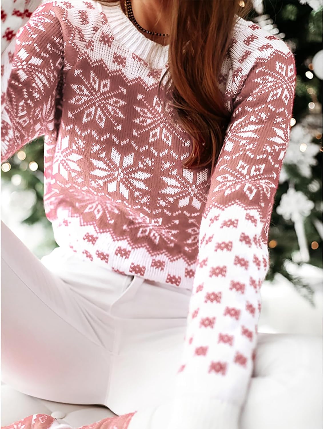 EXLURA Patterns Reindeer Ugly Christmas Crew Neck Long Sleeve Sweater Jumper Pullover Knitted Printed Tops