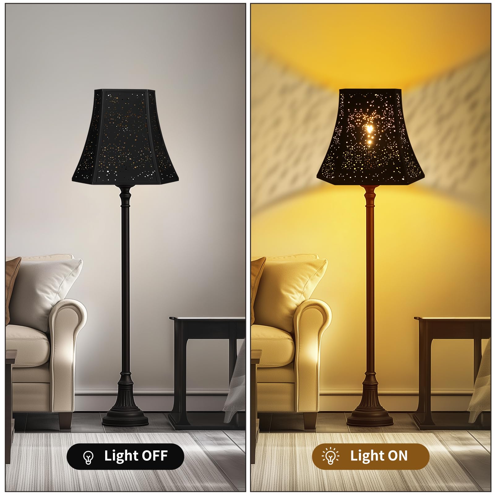 ALUCSET Pantalla de metal grande, esquina de corte cuadrado de 8 pulgadas superior x 14 pulgadas inferior x 11 pulgadas de alto | Bell Lamp - Pantalla de repuesto para lámparas de pie de mesa, diseño de estrella estrellada grabada en oro negro
