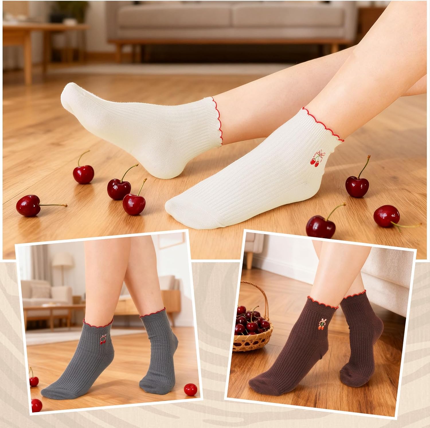 6 Pairs Ruffle Cute Ankle Crew Socks for Women Novelty Fun Cherry Cotton Casual Athletic - Image 7
