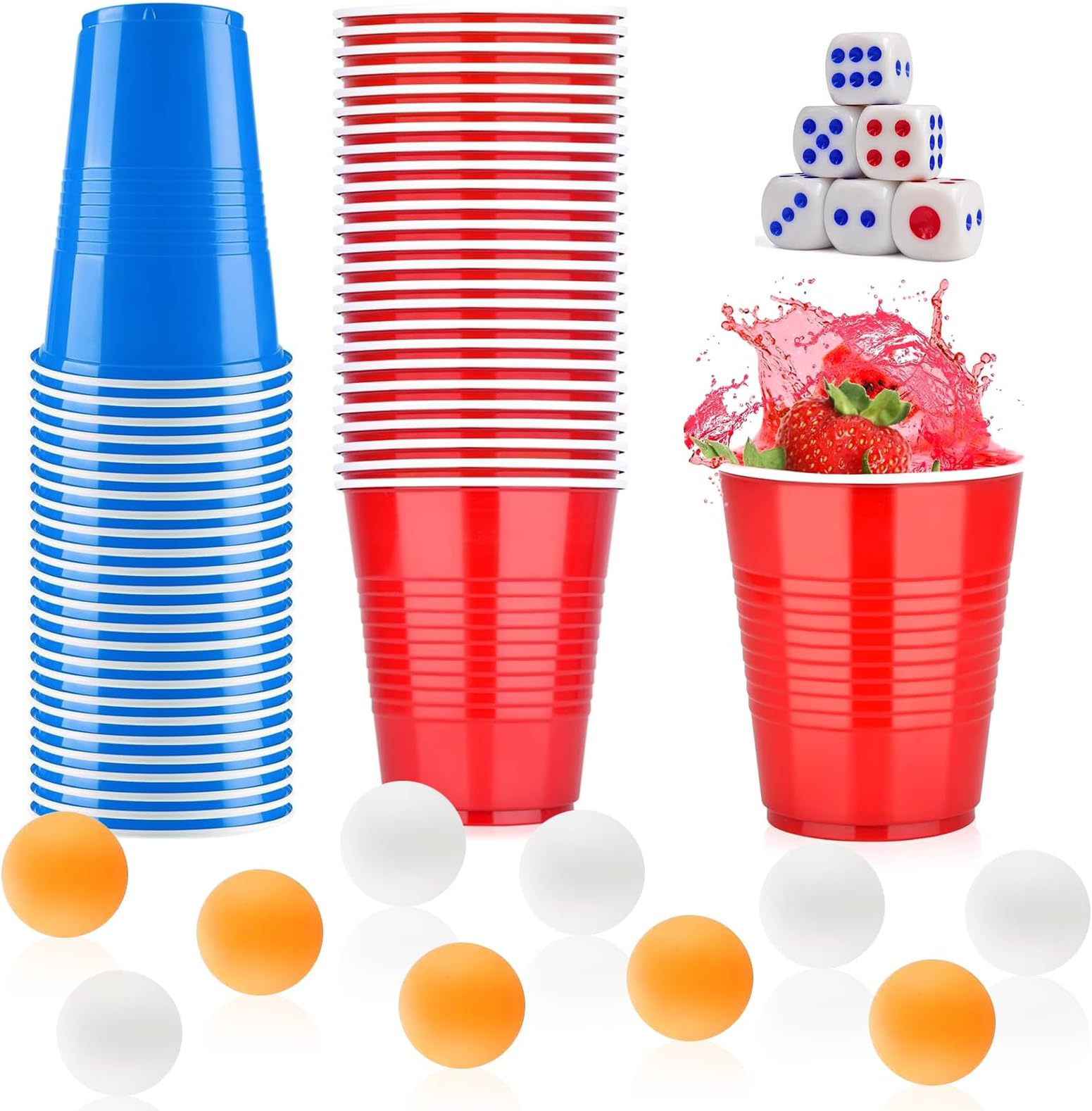 60 Pack 16 Oz Plastic Party Cups Set with 20 Red Cup, 20 Blue Cup, 10 Ping Pong Balls, 10 Dice, American Style Frat Party Cups Beer Pong Cups Set for Fun Party Games, Drinks 480ML
