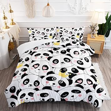 Kids Cute Panda Bear Comforter Set Twin, White Black Toddler Bedding | Twin comforter set, cute panda black white pattern, includes 1 comforter & 2 pillowcases, soft for kids toddlers, panda lover