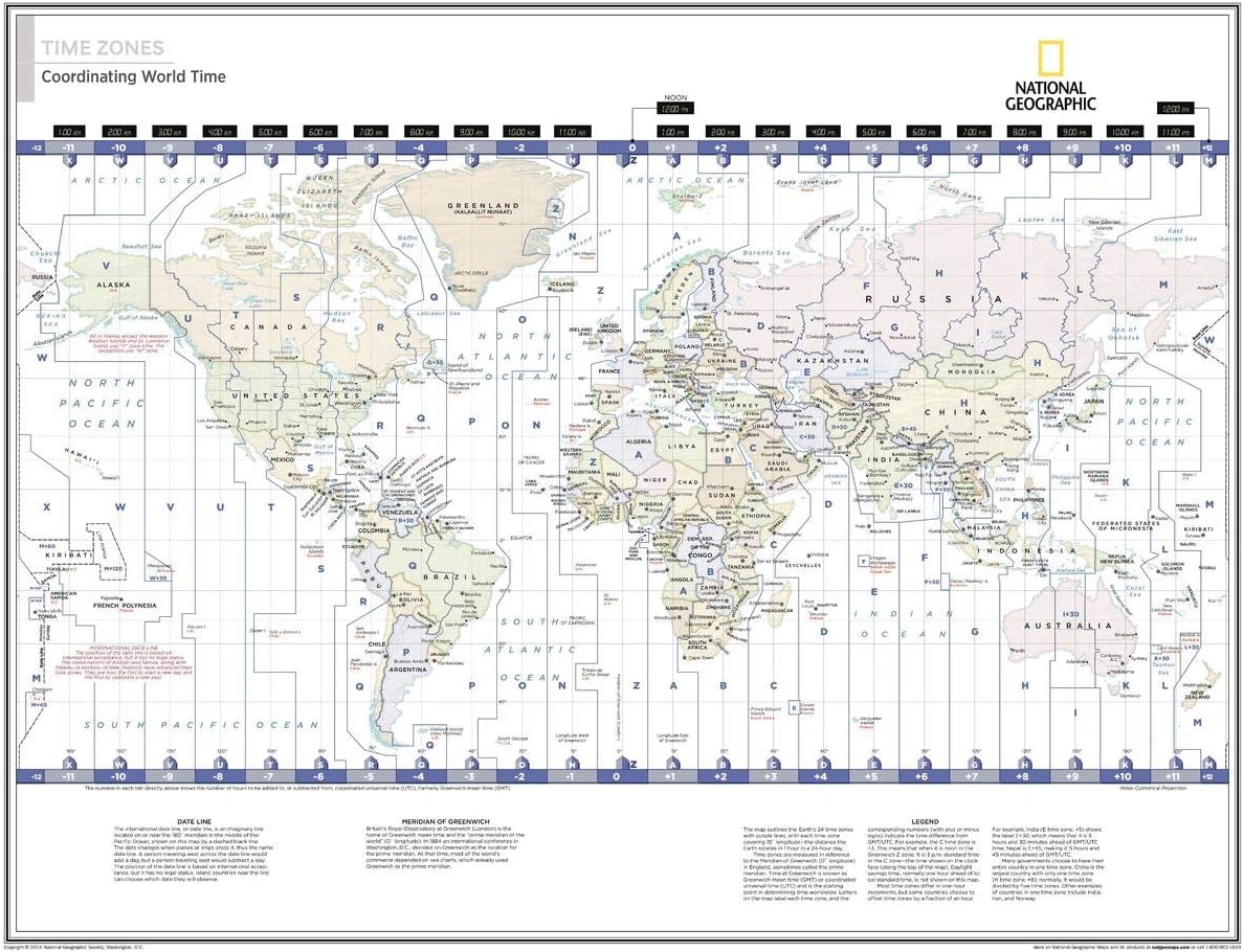 National Geographic World Time Zones Wall Map: Coordinating World Time - 28 x 22 inches - Paper Rolled