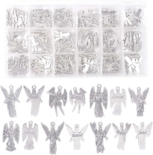Miniatura 8 de ChangJin - Una caja de 180 dijes de ángeles de metal plateado envejecido para hacer joyas en almacenamiento (7 estilos), Metal, No es una piedra