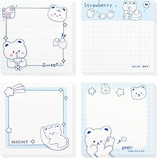 TIESOME Cute Sticky Notes, 4 Pack Cartoon Sticky Notes Cute Bear Markers Flags Self-Stick Memo Pads Students Home Office Roommates Gifts Tab Supplies 320 Sheets (inches, 3.14 x 3.14in)