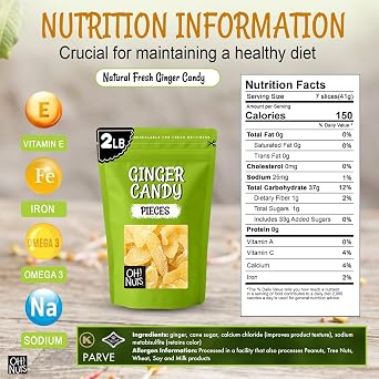 Oh! Nuts Ginger Candy - 2 lb - Dried Fruit Slices - with Crystallized Sugar Candied Coating - Dehydrated Fruit Bites - Packed in New York Zip-Seal Bag for Exceptional Freshness