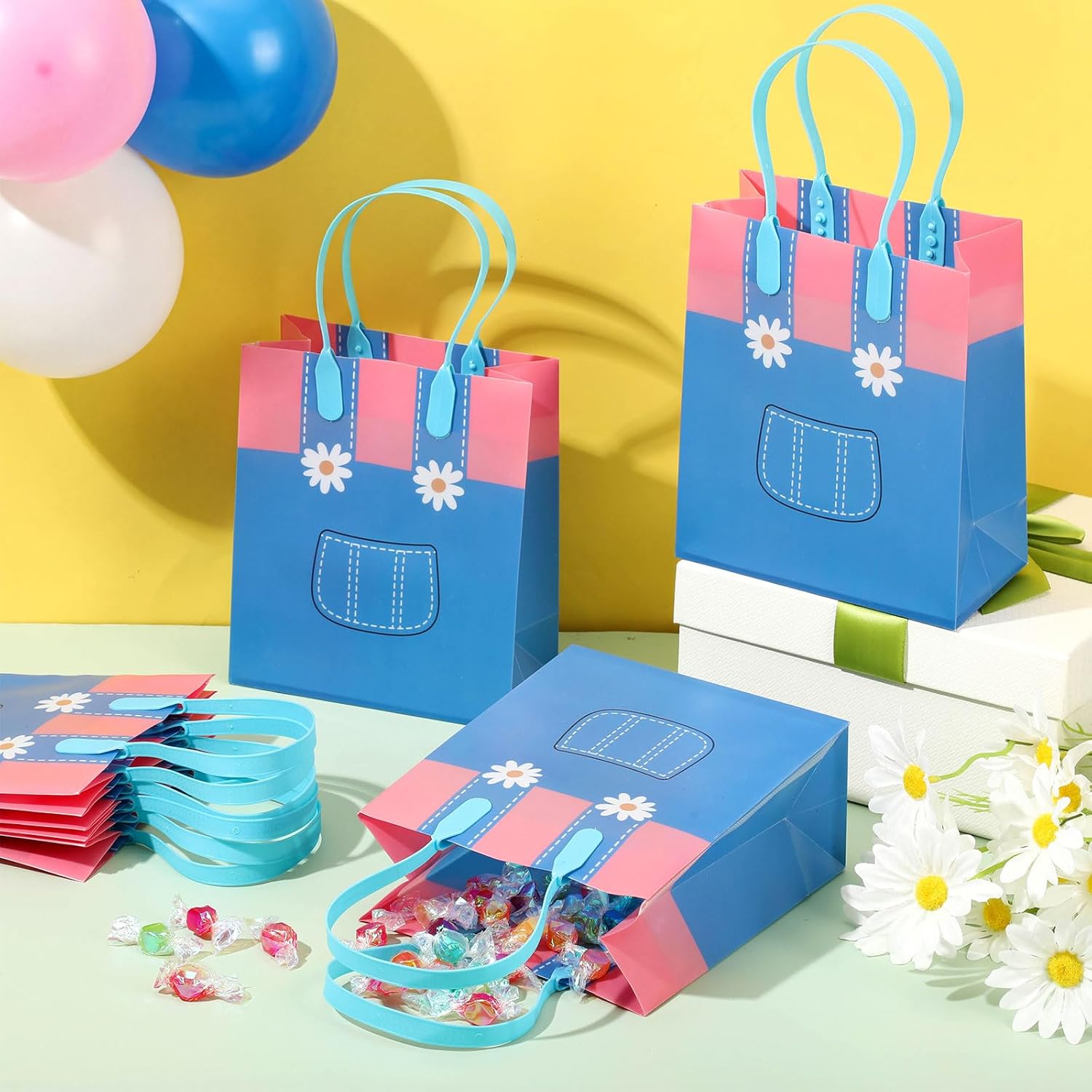 Sadnyy 24 Pcs English Teacher Gift Bags Birthday Party Favors Goodie Bags with Handles Girls Party Decorations Pink Blue Overalls Pattern Cartoon for Birthday Classroom Decor Baby Shower