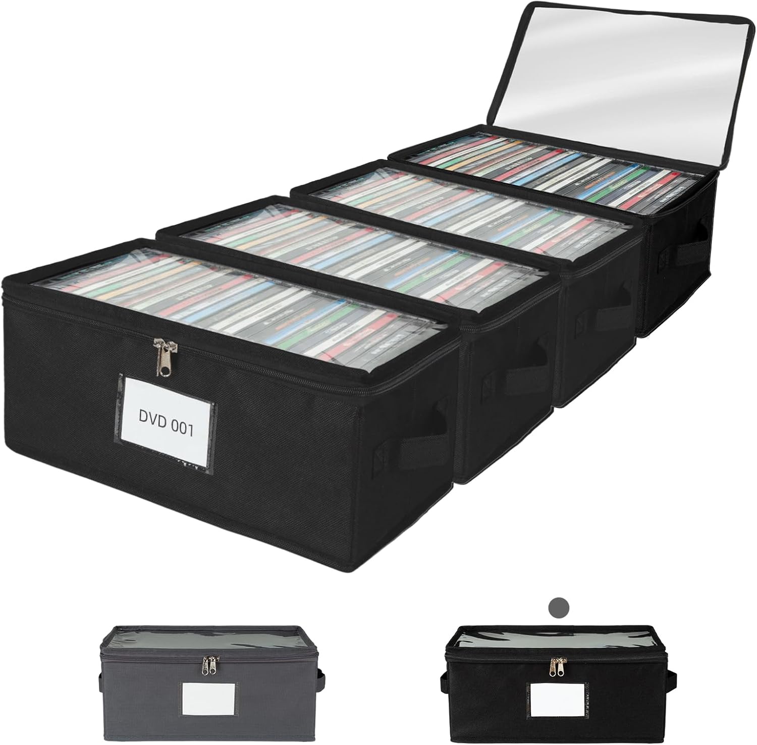 6 Pack Fabric DVD Storage Box with Clear PVC Lid, Holds 25 Standard DVD Cases, Sturdy Non-Woven Fabric with Cardboard Support for Movie Collection, Black