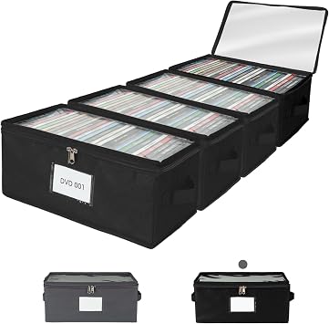 4 Pack Durable Fabric DVD Storage Box with Clear PVC Lid, Holds 25 Standard DVD Cases, Sturdy Non-Woven Fabric with Cardboard Support for Movie Collection, Black