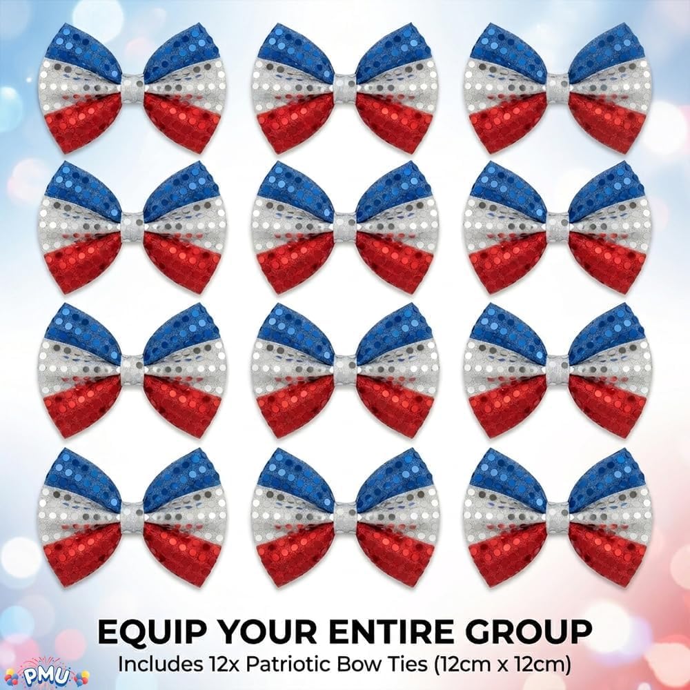 PMU Patriotic Sequin Bowtie, Adjustable Strap, Red White & Blue American Flag Design, 4th July Costume Accessory for Holidays