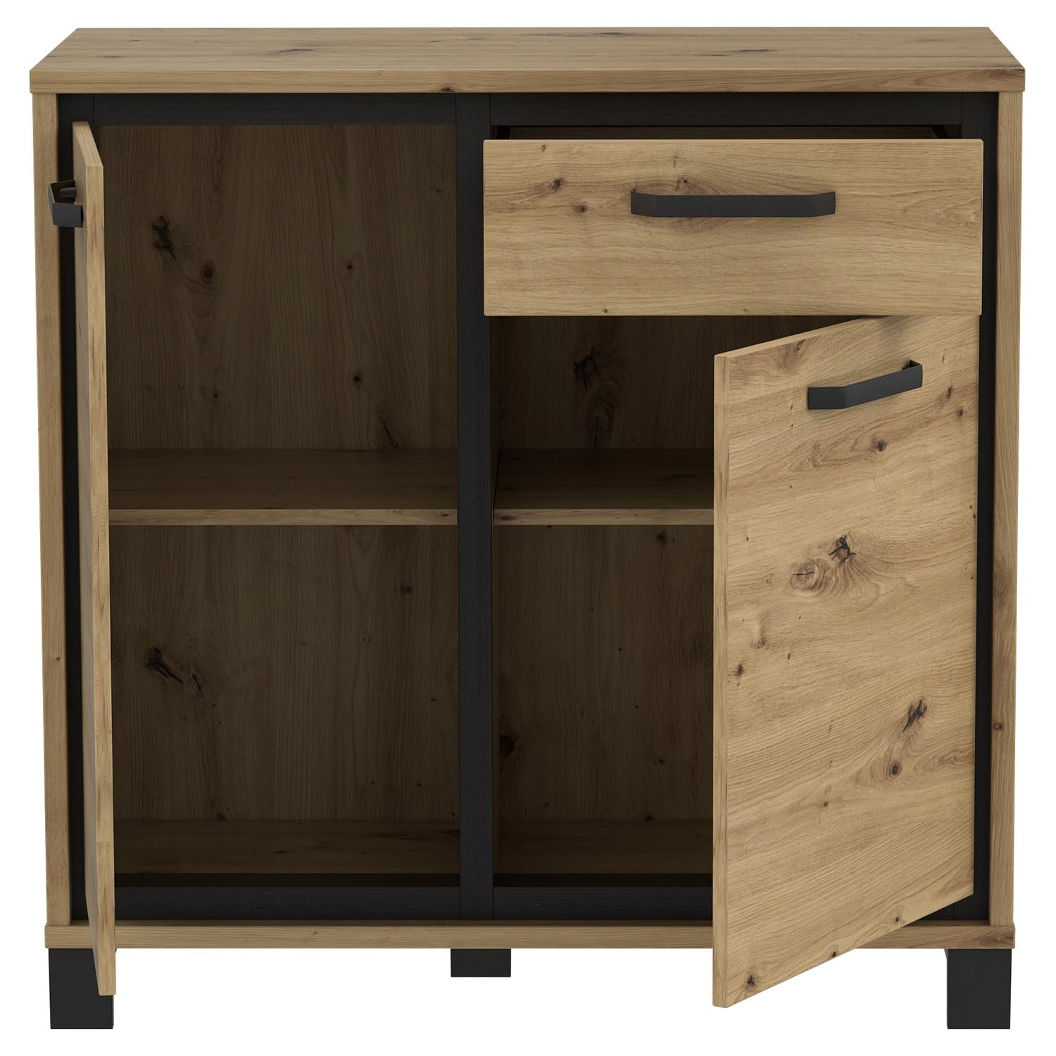 Forte TRONDHEIM Sideboard mit 1 Schublade und 2 Türen, Holzwerkstoff, Artisan Eiche/Schwarz Eiche, B x H x T: 91,4 x 91,2 x 41,5 cm