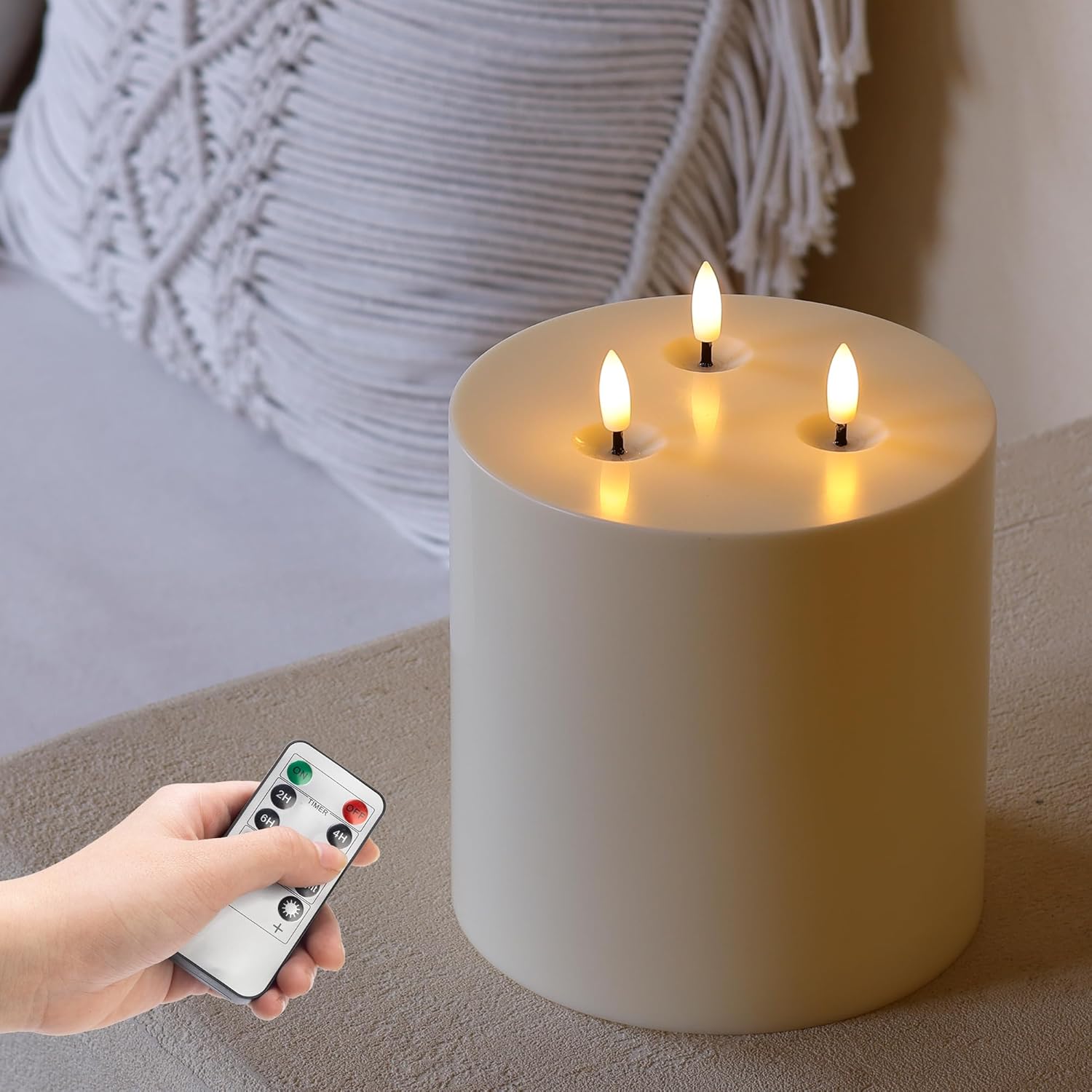 6" x 6" Extra Large Outdoor Waterproof Flameless Candle with 3 Wick, Ivory Plastic Battery Operated LED Candle with Remote and Timer,Flickering Fake Pillar Candles for Garden Patio Porch Home Party